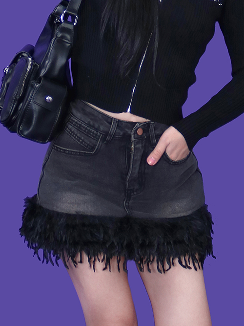 notch fur denim skirt - black