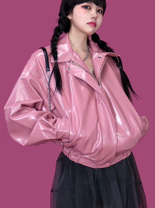 leather glossy jumper -  pink