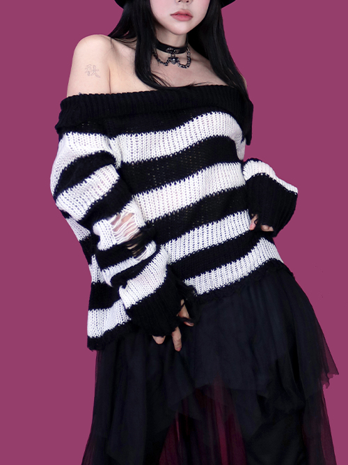 punk striped off crop knit (3color)